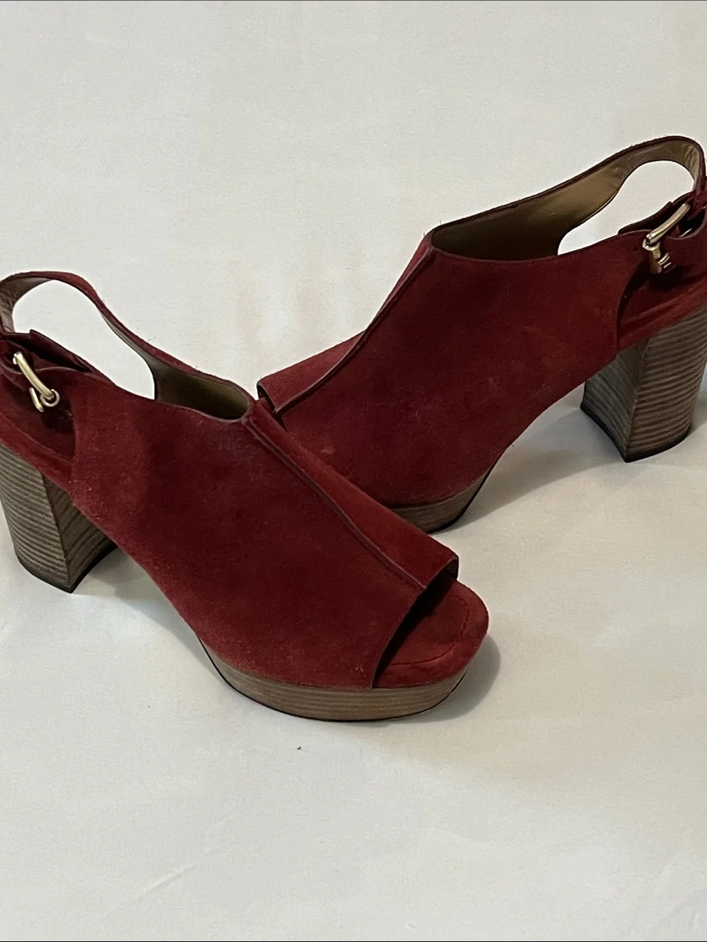 Michael Kors “Piper” Red Suede Peep Toe Platform Slingback Sandals